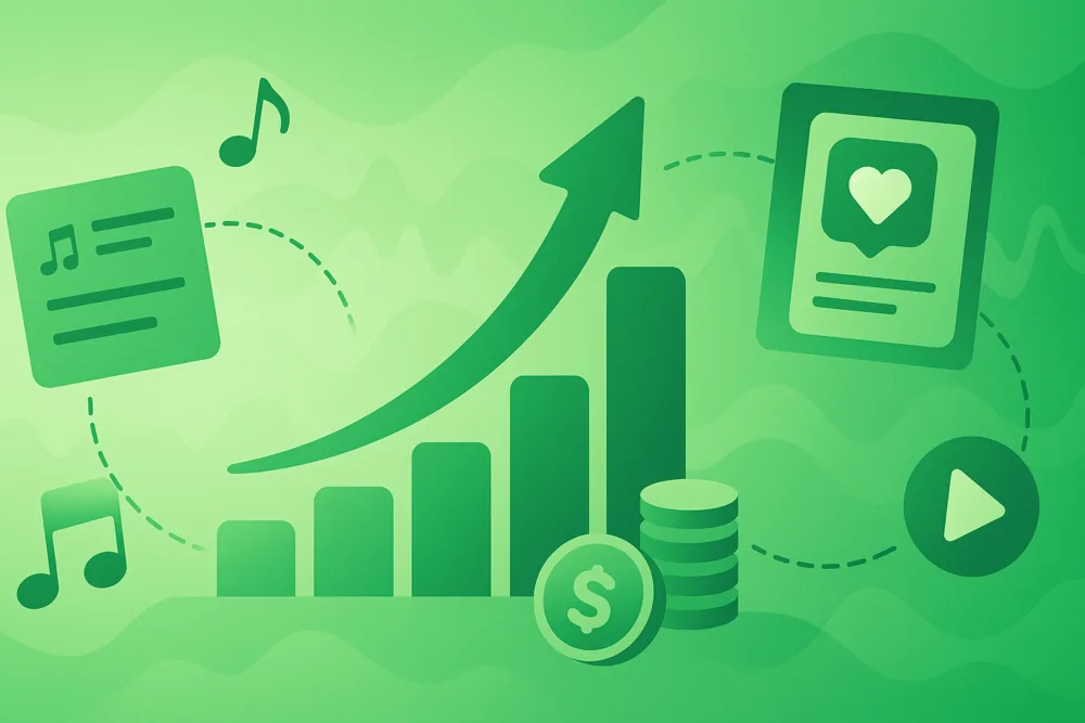 Playlists, charts, and streaming icons representing tips to increase Spotify streams and audience growth.