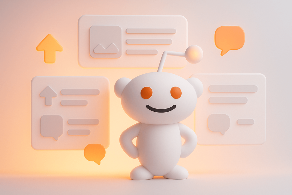 3D render of the Reddit mascot standing confidently among glowing post cards and comment icons, symbolizing creativity and engagement for standout Reddit posts.