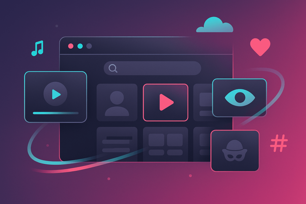 Flat illustration in TikTok’s neon pink and turquoise palette showing a web interface with video thumbnails, eye and incognito icons, symbolizing TikTok viewer sites.