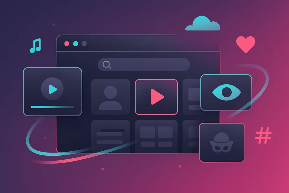 Flat illustration in TikTok’s neon pink and turquoise palette showing a web interface with video thumbnails, eye and incognito icons, symbolizing TikTok viewer sites.