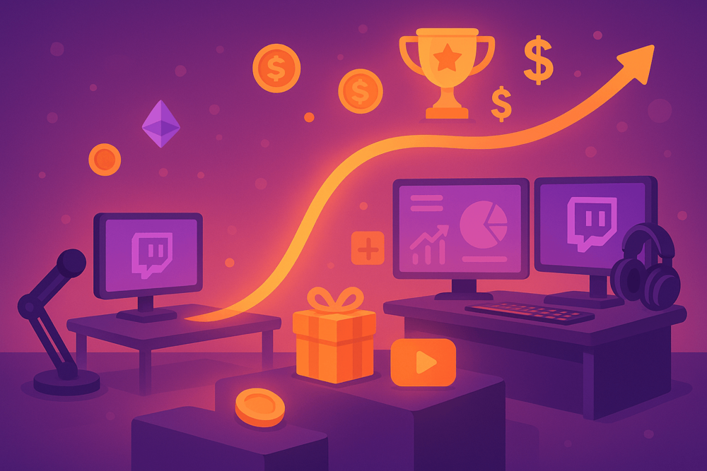 Two Twitch setups, one small and one advanced, symbolizing the difference between Affiliate and Partner income levels.