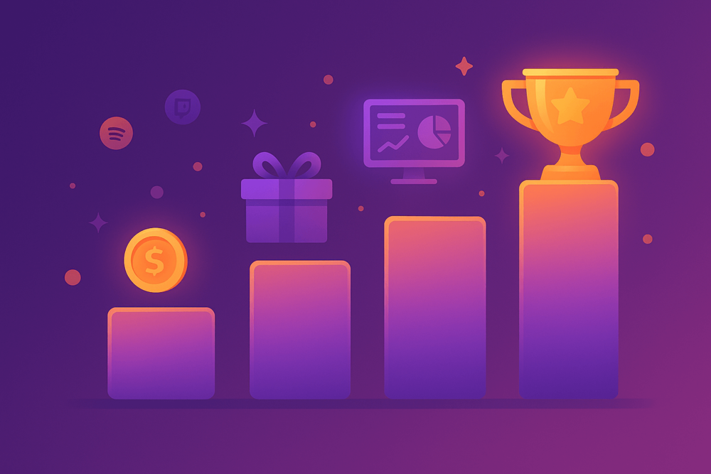 Rising steps with coins, gift boxes and a trophy symbolizing Twitch streamer income growth.