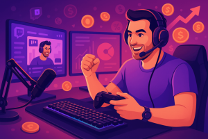 Streamer smiling while gaming in a neon-lit setup with money symbols in the background.