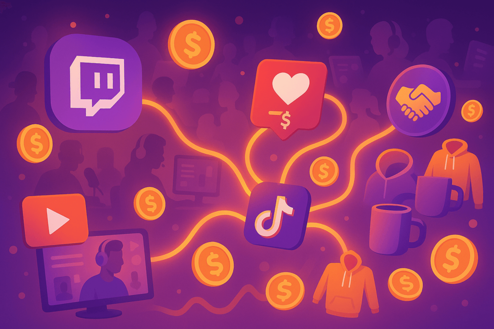 Twitch monetization with icons for income streams and glowing connections.