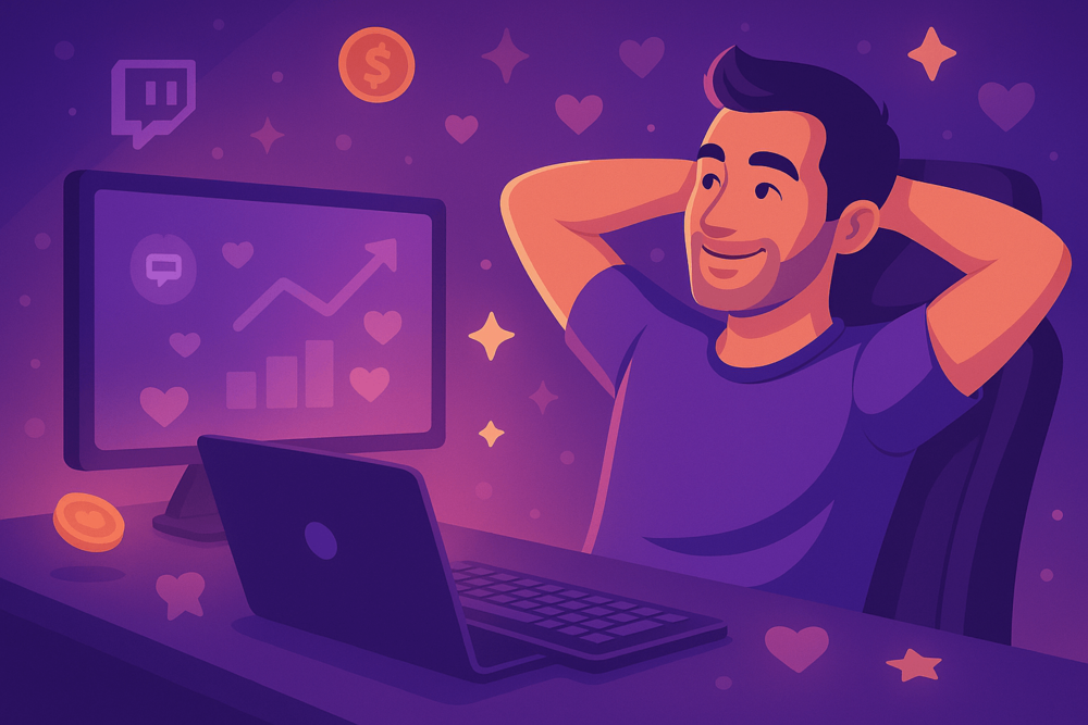 Smiling Twitch streamer at their desk surrounded by subtle icons of growth, coins and hearts symbolizing community and success.
