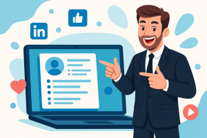 Cartoon illustration of a smiling professional in a suit pointing at a laptop screen displaying a resume on LinkedIn, with floating social media icons.