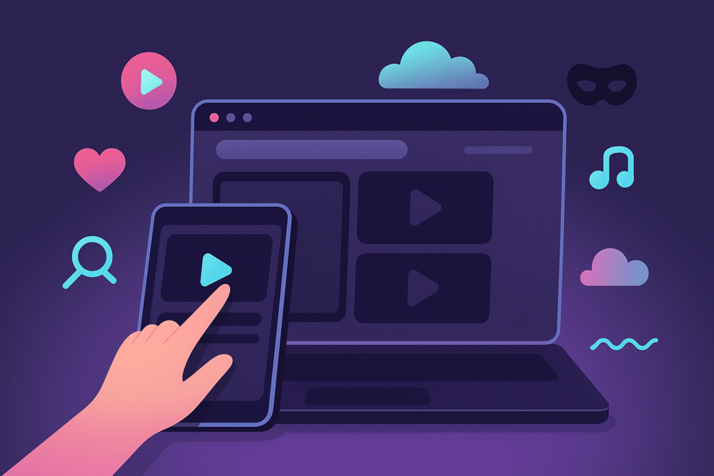 Flat illustration in TikTok’s colors showing a laptop and smartphone displaying video thumbnails with floating icons, symbolizing watching TikTok via its official website.