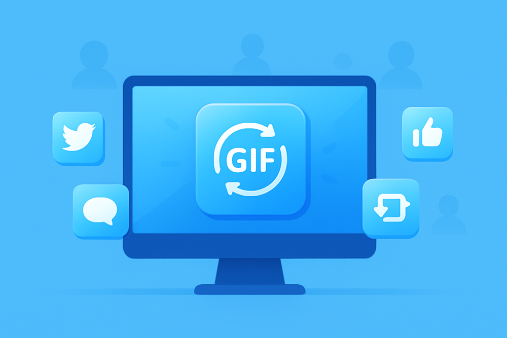 Centered computer screen surrounded by social media icons, representing engagement with saved Twitter GIFs.