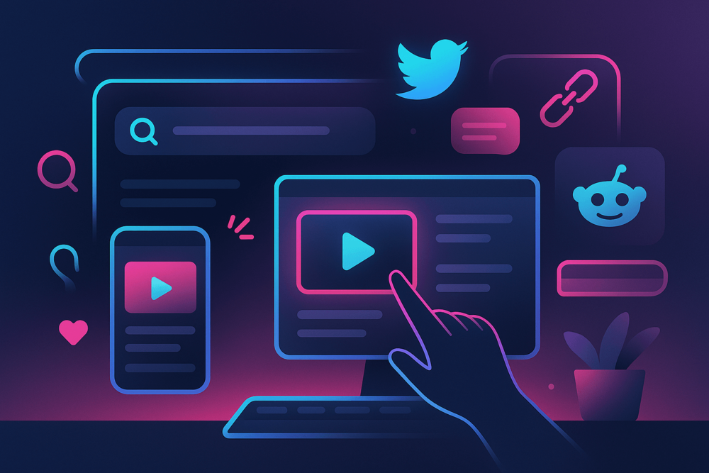 Flat digital illustration in TikTok’s colors showing search engine and social media icons with video thumbnails, representing watching TikTok through Google and other platforms.