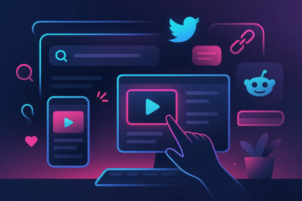 Flat digital illustration in TikTok’s colors showing search engine and social media icons with video thumbnails, representing watching TikTok through Google and other platforms.