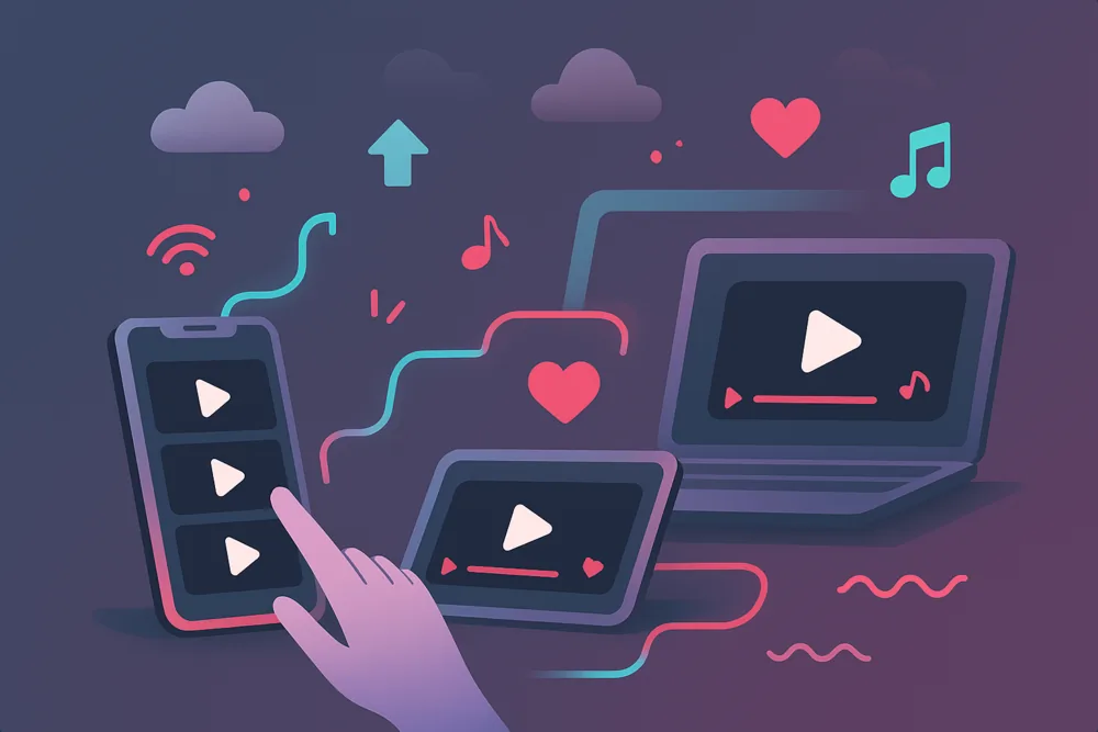 Flat illustration in TikTok’s neon pink and turquoise palette showing connected devices streaming videos, symbolizing watching TikTok without the app.