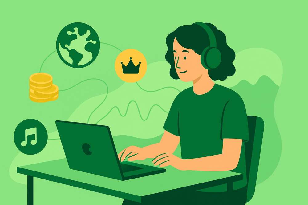 Illustration of a musician at a desk surrounded by floating icons for global listeners, premium accounts, and revenue showing what affects Spotify royalties.