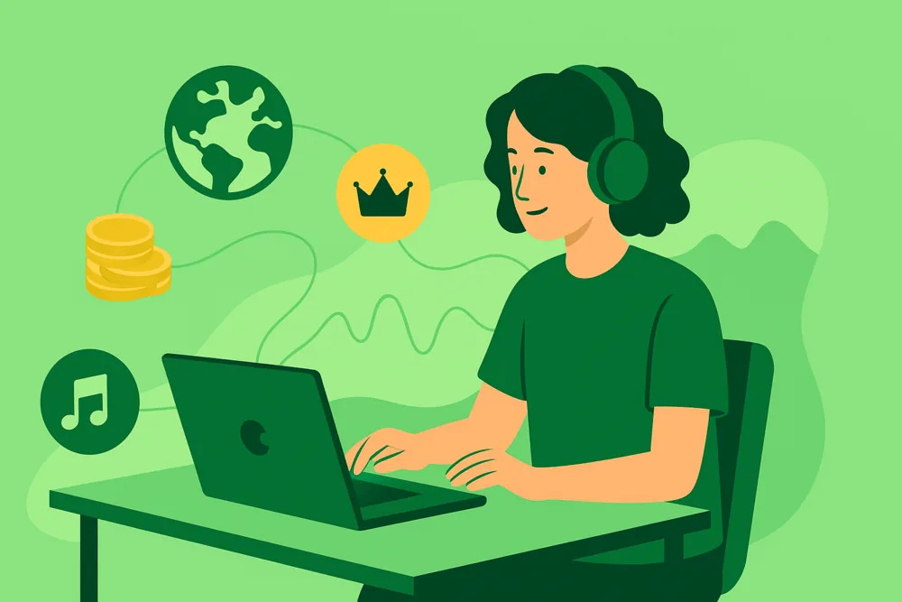 Illustration of a musician at a desk surrounded by floating icons for global listeners, premium accounts, and revenue showing what affects Spotify royalties.