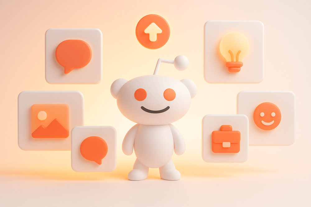 3D render of the Reddit mascot surrounded by glowing subreddit icons for discussions, images, education, humor, and promotion, symbolizing different community types on Reddit.