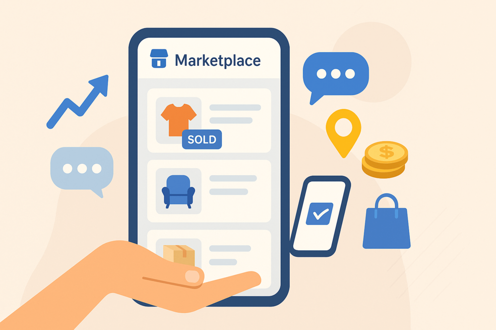 Hand holding a phone showing Facebook Marketplace listings with chat, coin, and shopping icons.