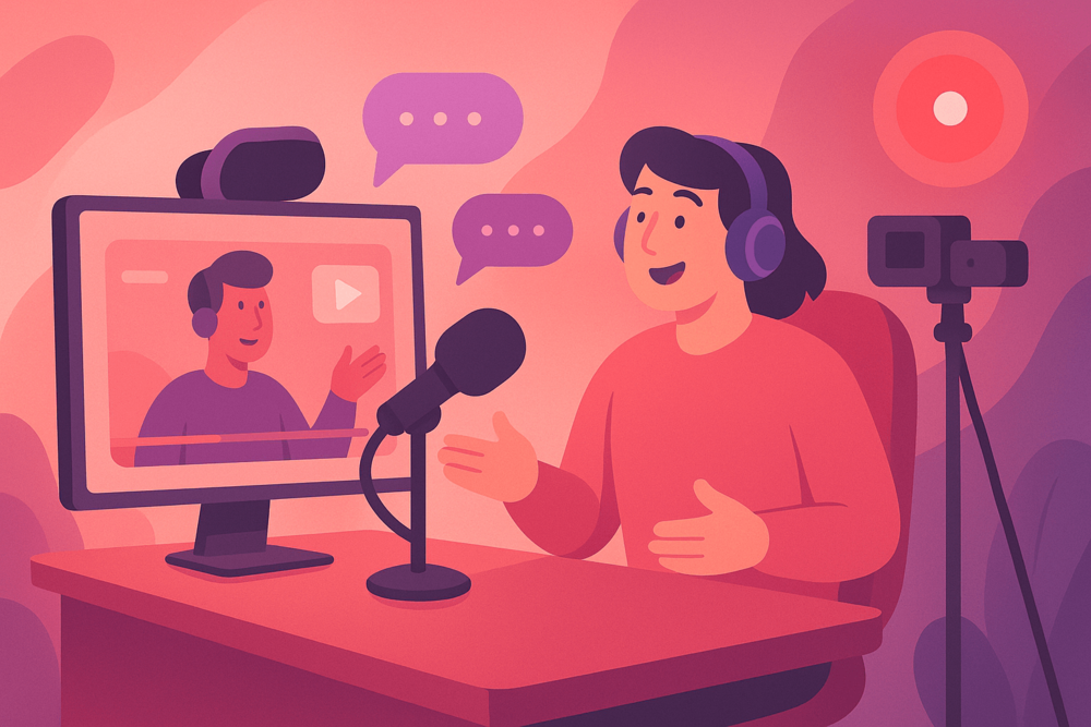 Creator streaming live with chat bubbles and camera setup