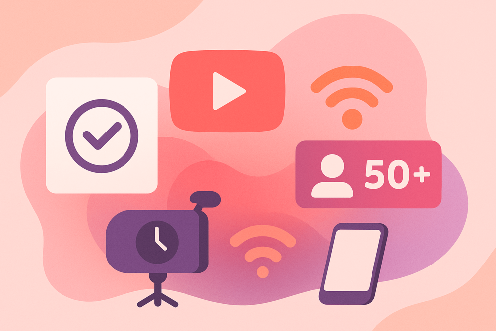 Abstract icons showing verification, Wi-Fi, and subscriber count