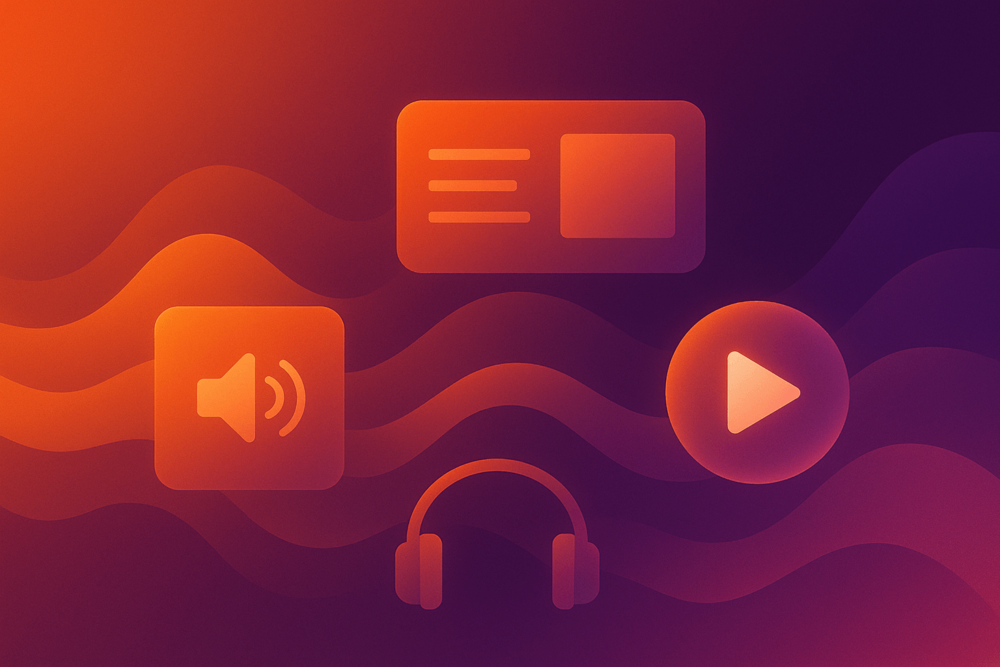 Abstract digital illustration in orange and purple showing icons for audio, display, and video ads connected by sound waves, symbolizing different SoundCloud ad types.