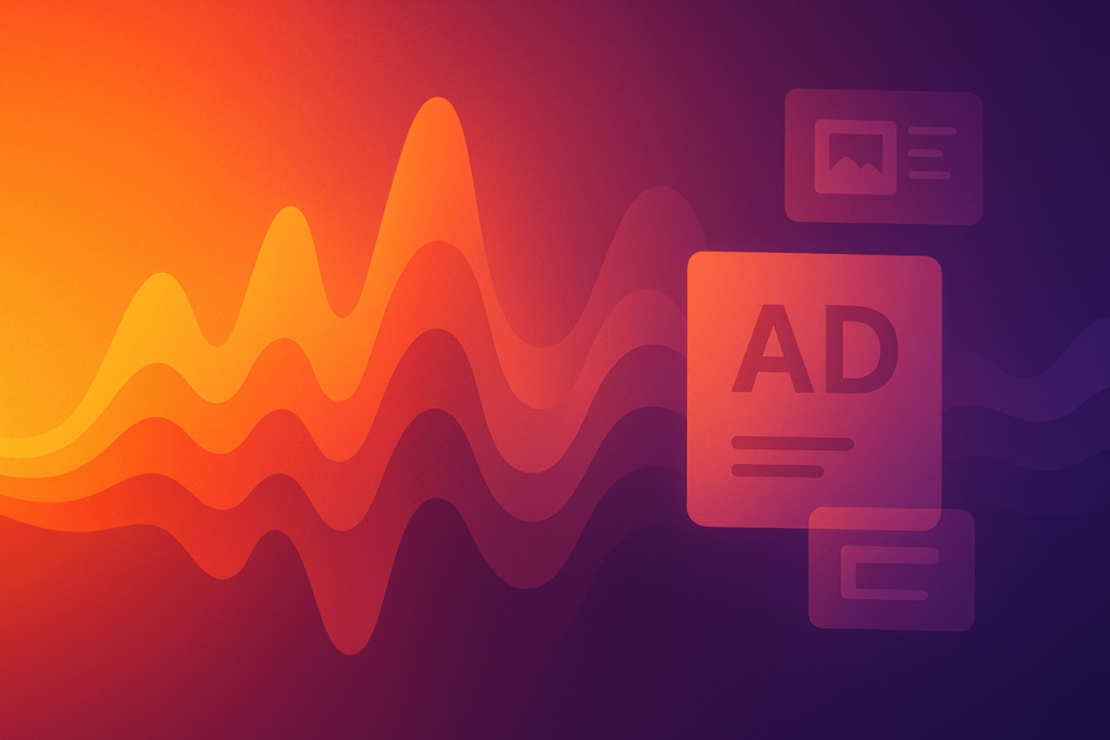 Abstract orange and purple digital illustration showing flowing sound waves blending into faint ad icons, symbolizing how SoundCloud ads support artists.