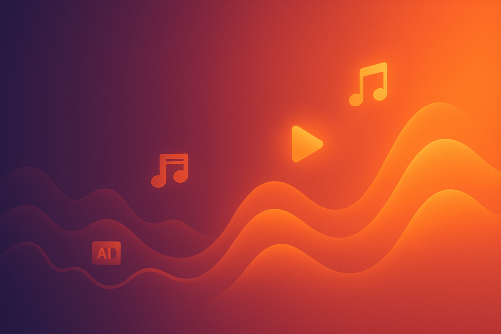 Abstract SoundCloud-themed illustration with glowing music notes, a play button, and flowing orange sound waves symbolizing creativity and growth in music.