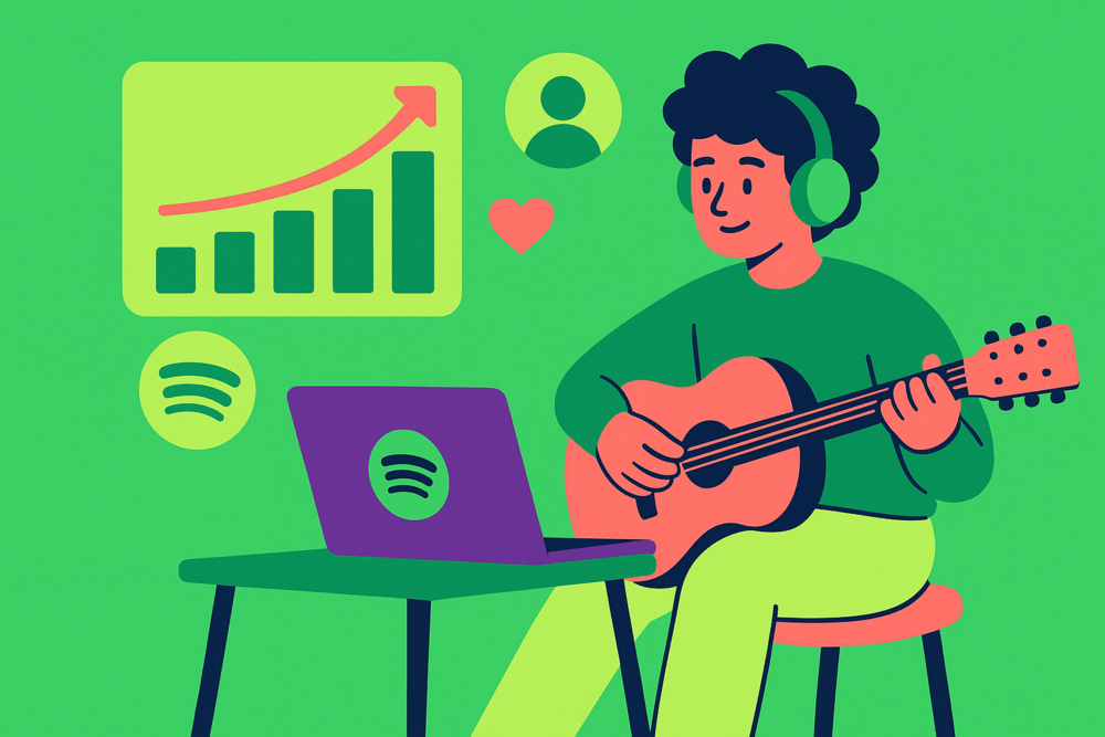 Musician playing guitar while checking Spotify growth