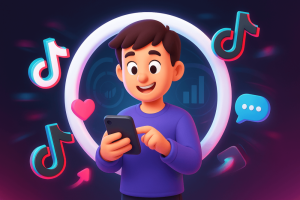 Person holding a phone inside a white circle with floating TikTok icons around them
