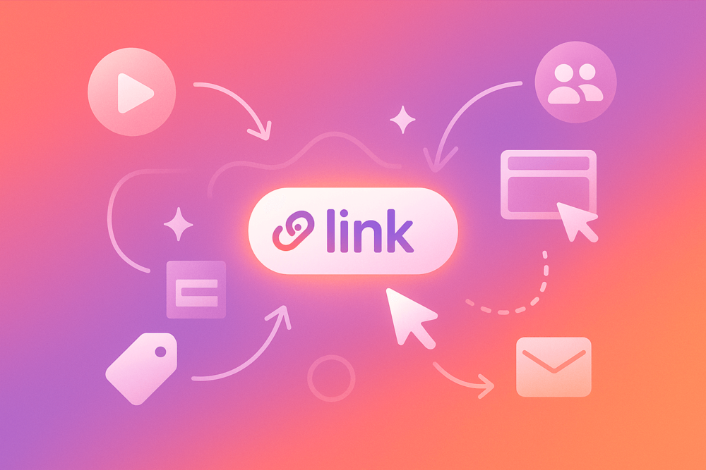 Link sticker surrounded by icons for videos, shopping, blog posts, and email.