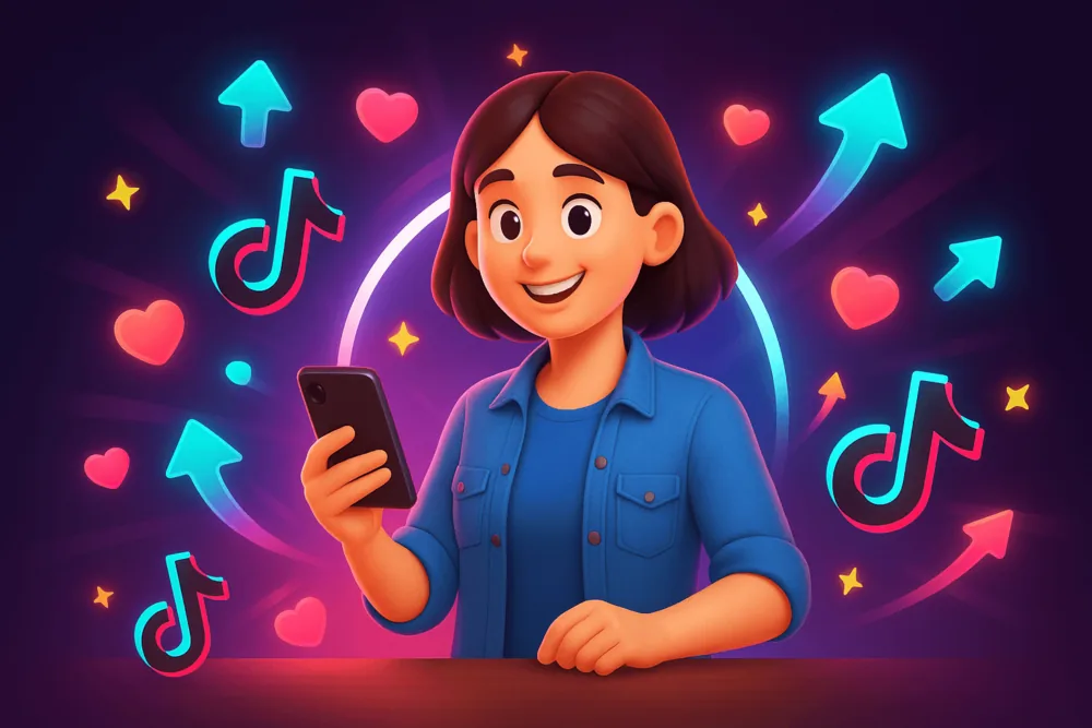 Smiling woman holding a phone surrounded by TikTok icons, hearts, and arrows showing growth on a neon background