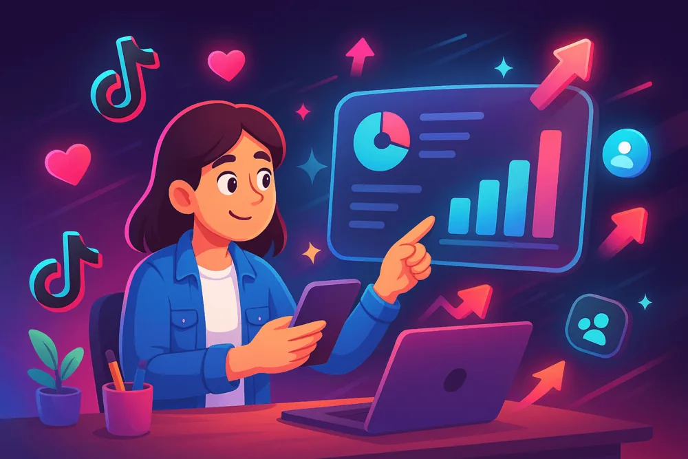 Woman looking at TikTok analytics screen with charts and arrows