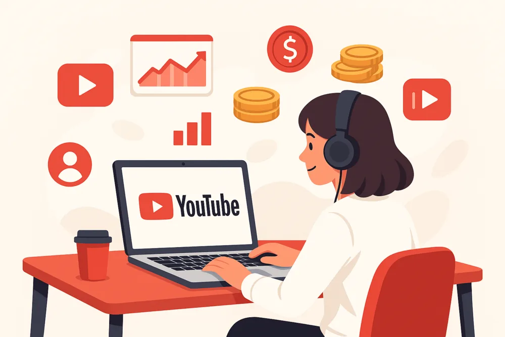 Person using laptop with YouTube logo on screen