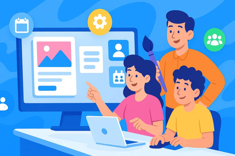 Cartoon people designing a Facebook event on a computer screen with icons for calendar, gear, and group.