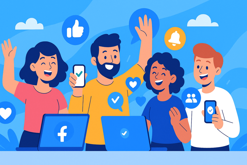 Cartoon people celebrating Facebook event success with laptops and social media icons.