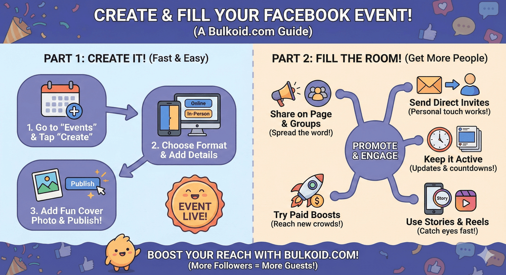 How to create an event on Facebook - Bulkoid Infographic
