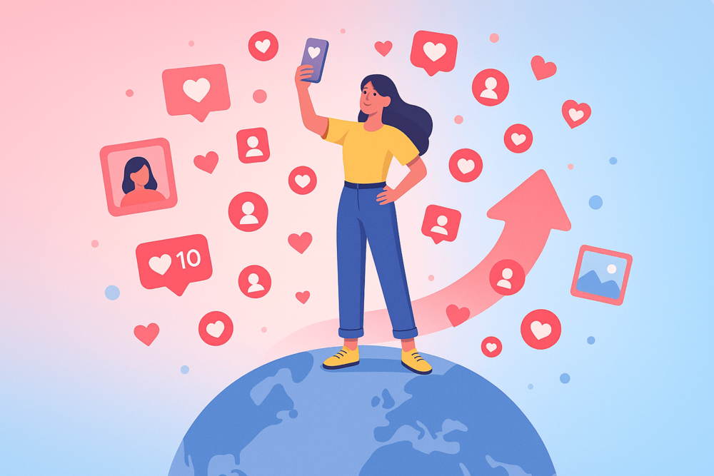 A woman standing on top of a globe taking a selfie, surrounded by floating Instagram hearts, likes, and follower icons, representing global reach and social media growth.