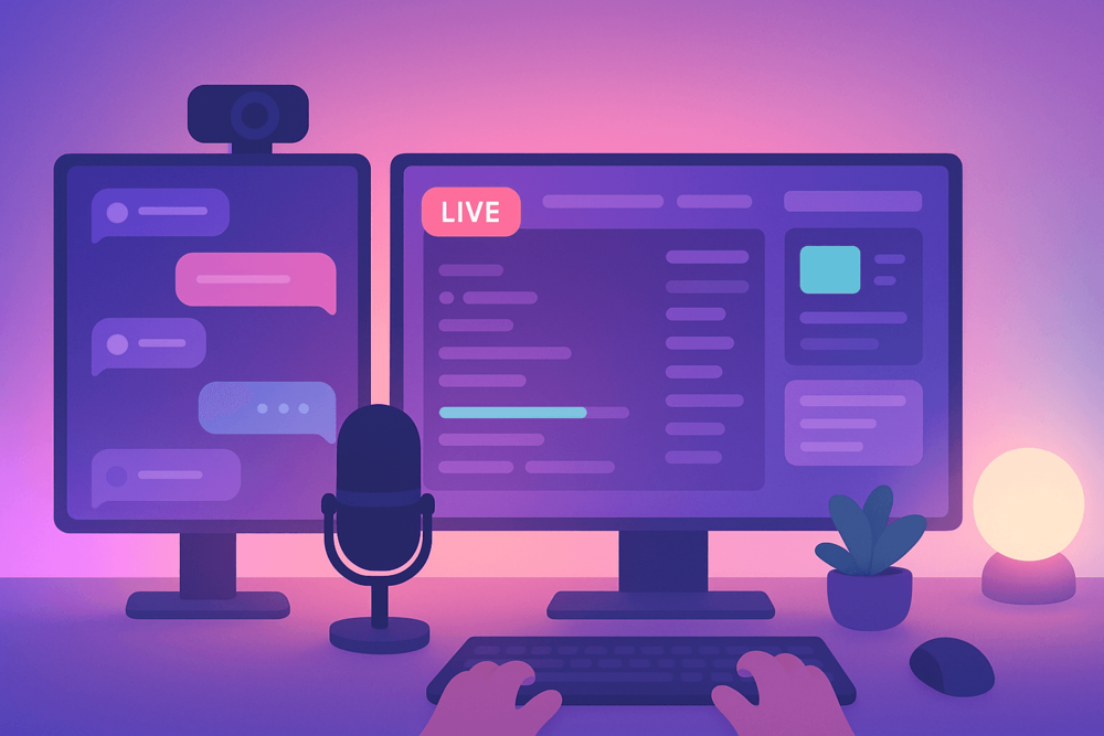 twitch live screen with chat window and streaming software