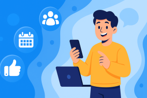 Cartoon person using a phone with Facebook icons, illustrating how to create a Facebook event.