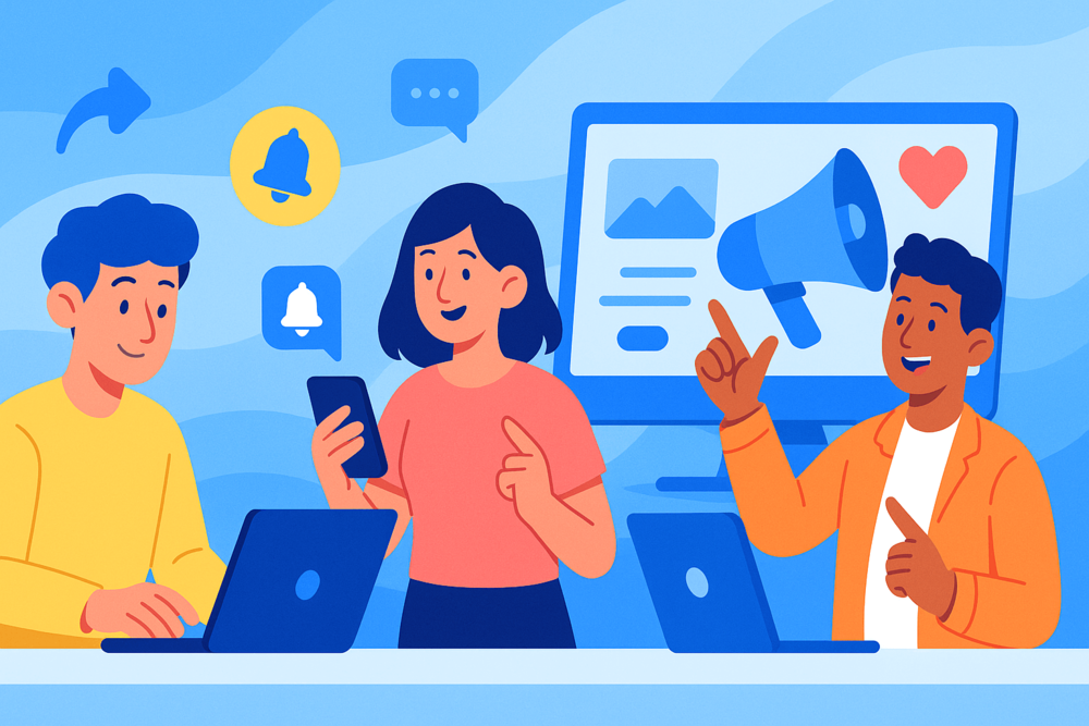 Cartoon team promoting a Facebook event using laptops and phones with icons for notifications, shares, and megaphone.