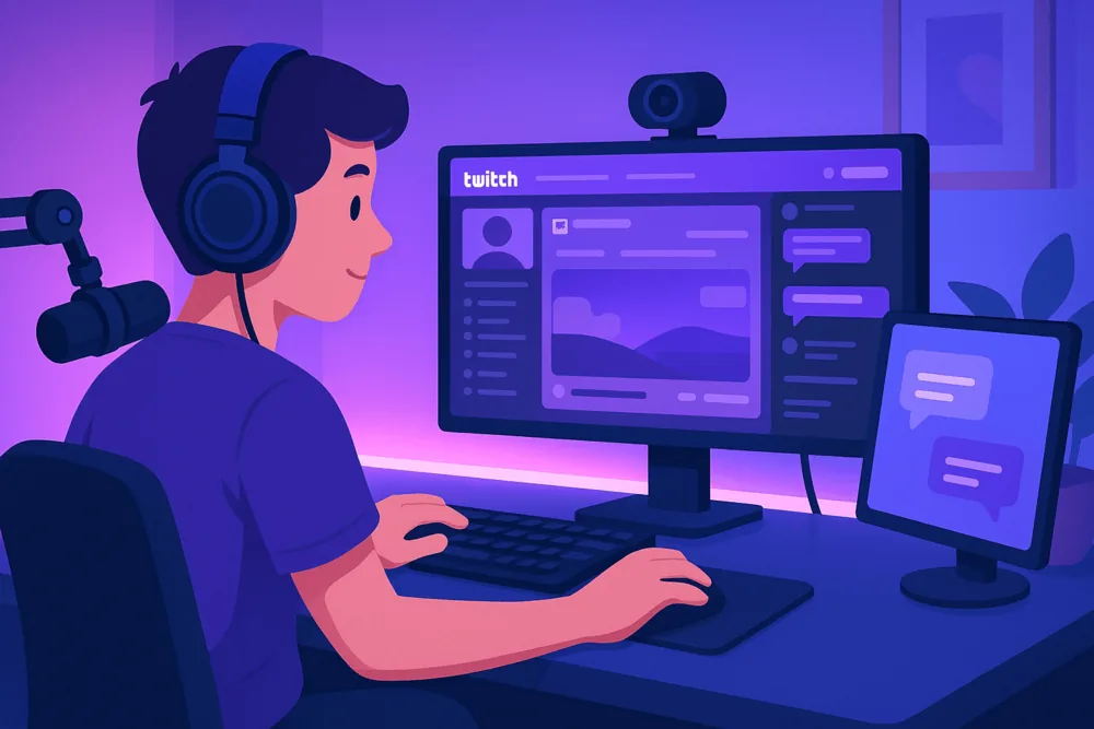 beginner twitch pc streaming setup with monitor and chat screen