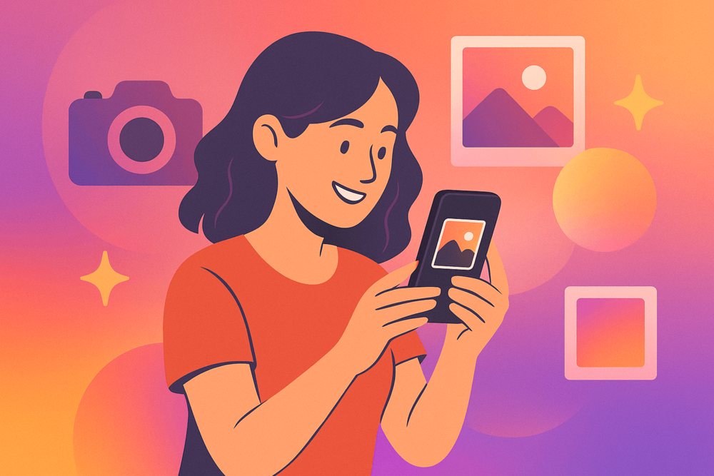 Young woman smiling while editing a photo on her phone, surrounded by floating photo frames and glowing gradient shapes.