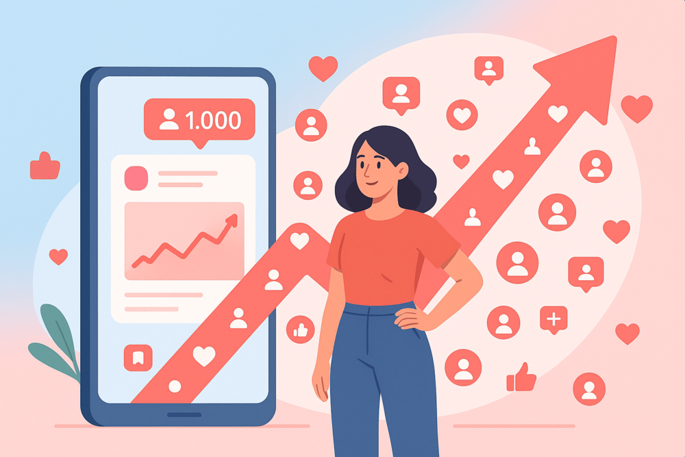A woman standing confidently beside a large smartphone and an upward arrow made of Instagram icons, symbolizing account growth and increasing followers.