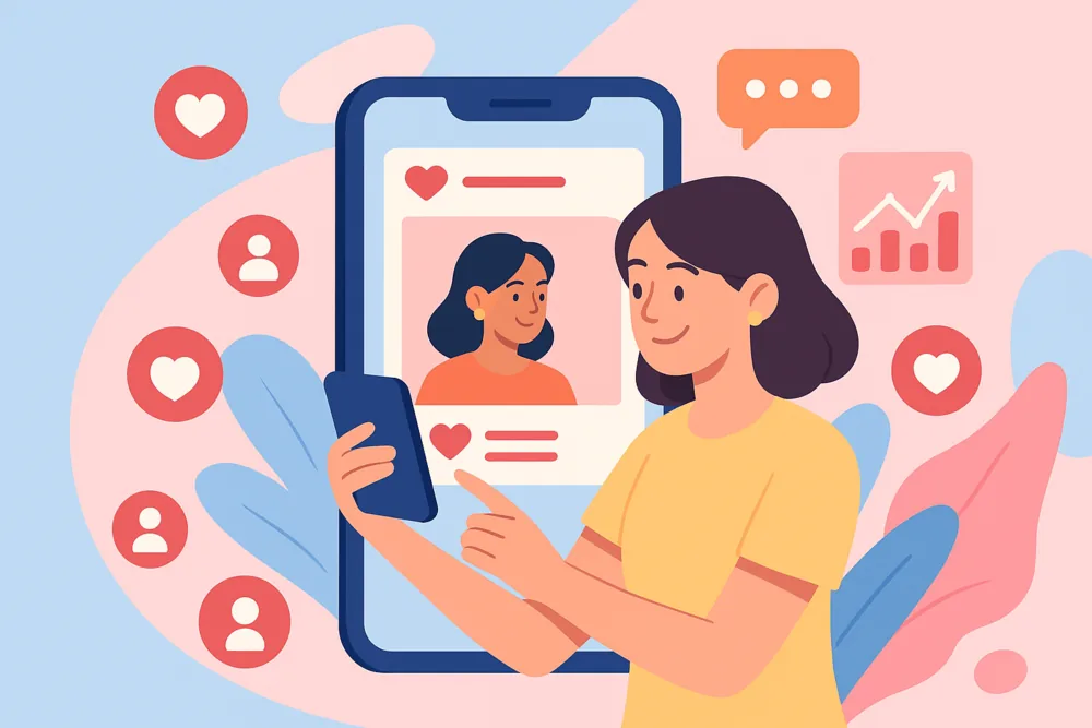 A woman using her phone in front of a large smartphone screen with hearts, follower icons, and growth charts floating around, symbolizing Instagram engagement and fast account growth.