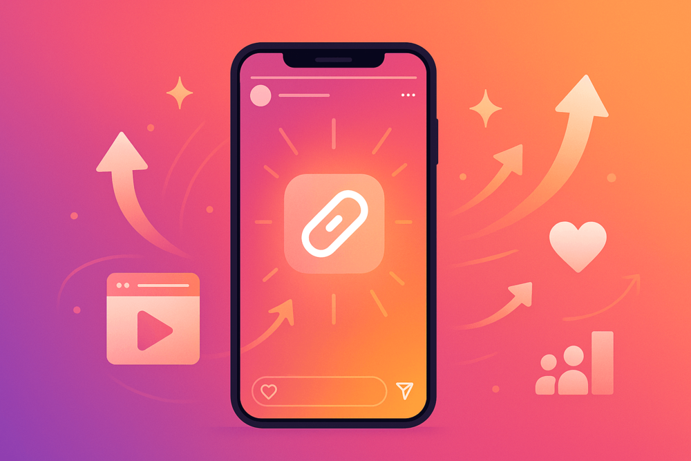 Phone with glowing link sticker and upward arrows showing Story engagement.