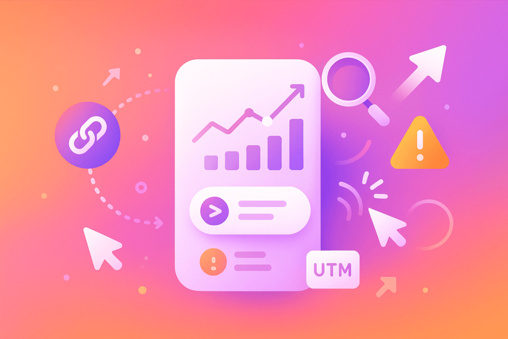 Analytics dashboard with link icon, UTM tag and growth indicators.