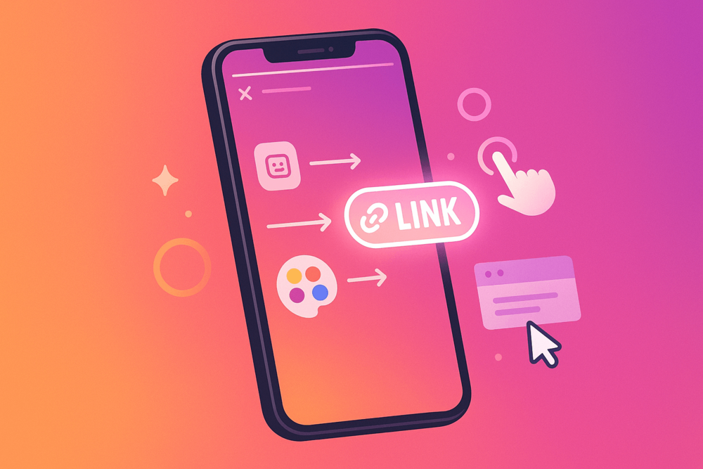 Icons showing steps to add a link sticker in Instagram Stories.