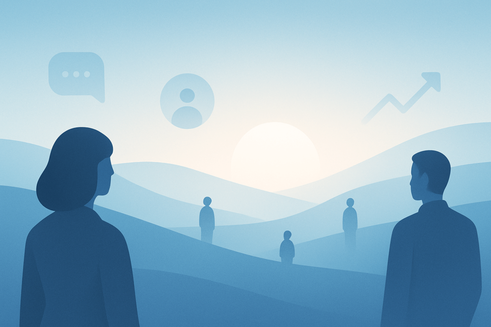 Calm LinkedIn-style illustration symbolising visibility, networking, and career growth.