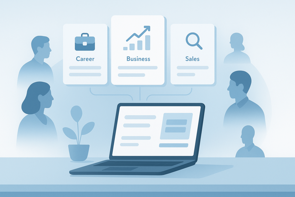 Illustration of LinkedIn Premium plans comparing Career, Business, and Sales options.