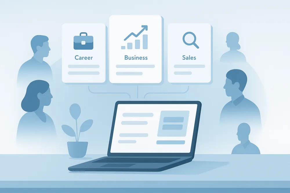 Illustration of LinkedIn Premium plans comparing Career, Business, and Sales options.