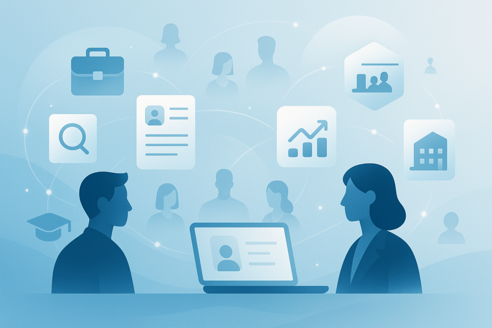 Illustration of job seekers and recruiters using LinkedIn Premium tools.