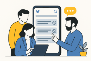 Three people using a large smartphone to adjust muted words on Twitter, with calm blue and yellow tones and a minimal background.