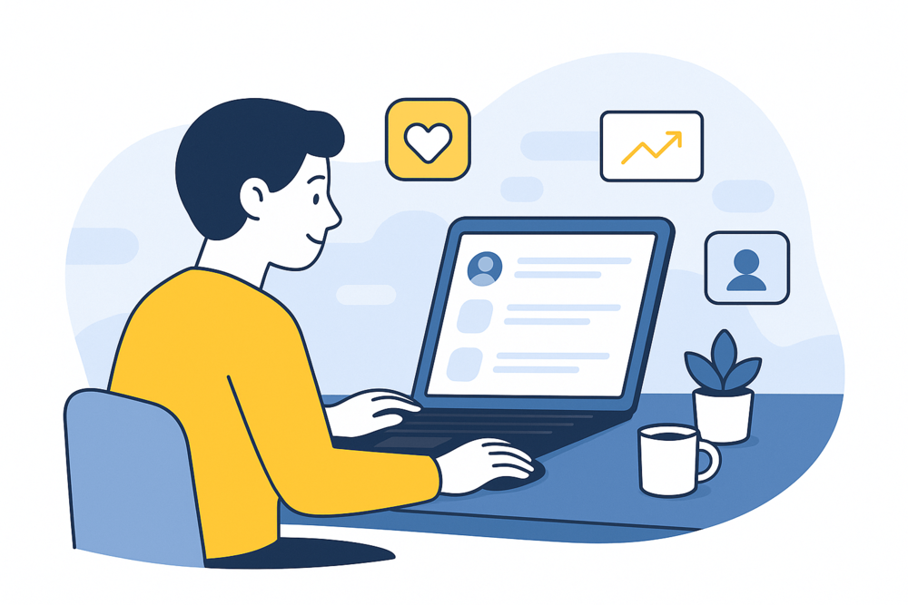 Person using a laptop to scroll through a clean Twitter feed, with floating icons for likes and growth, and a peaceful workspace in blue and yellow tones.